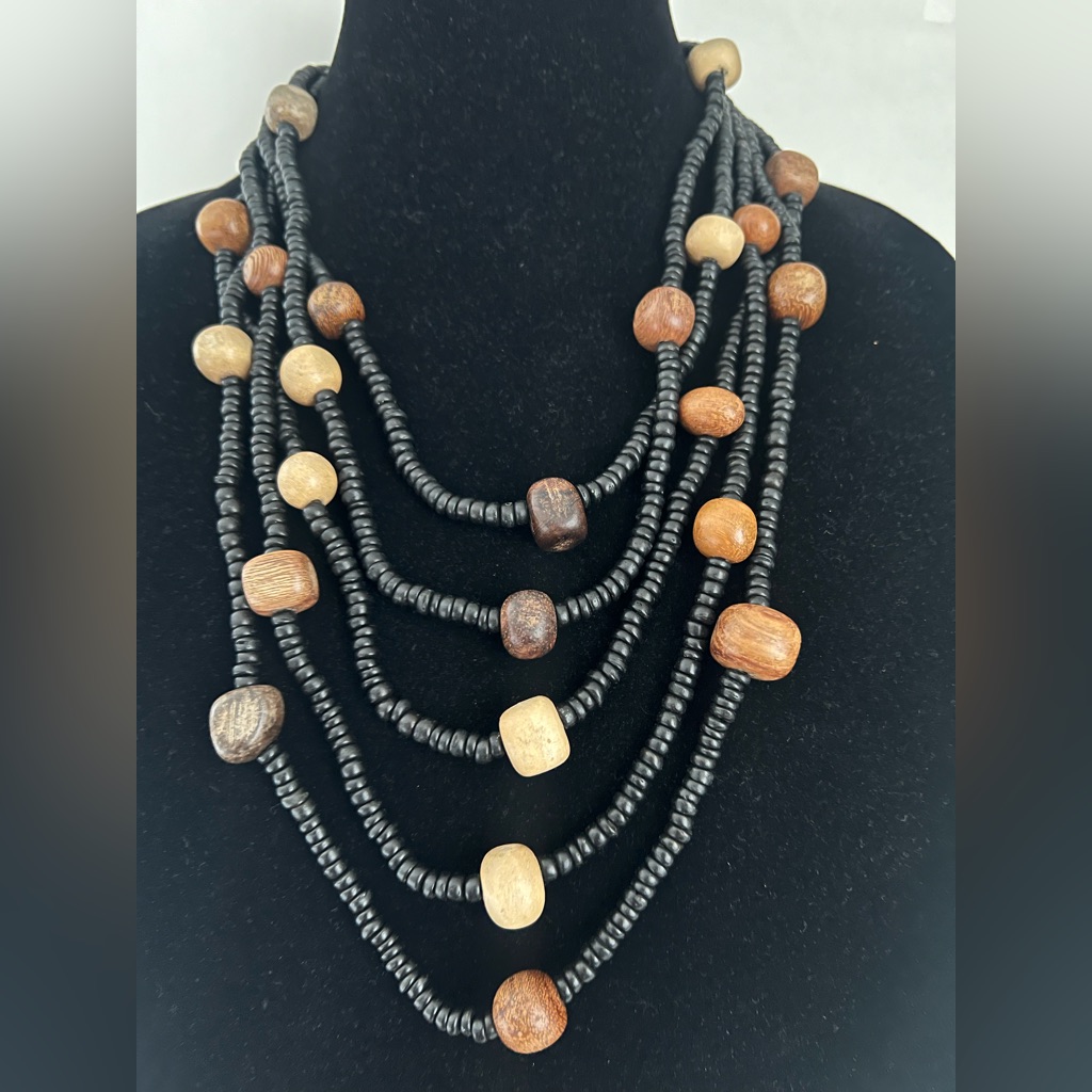 Vintage Wooden Bead 5 Multi-Strand Black And Brown Beaded Necklace.